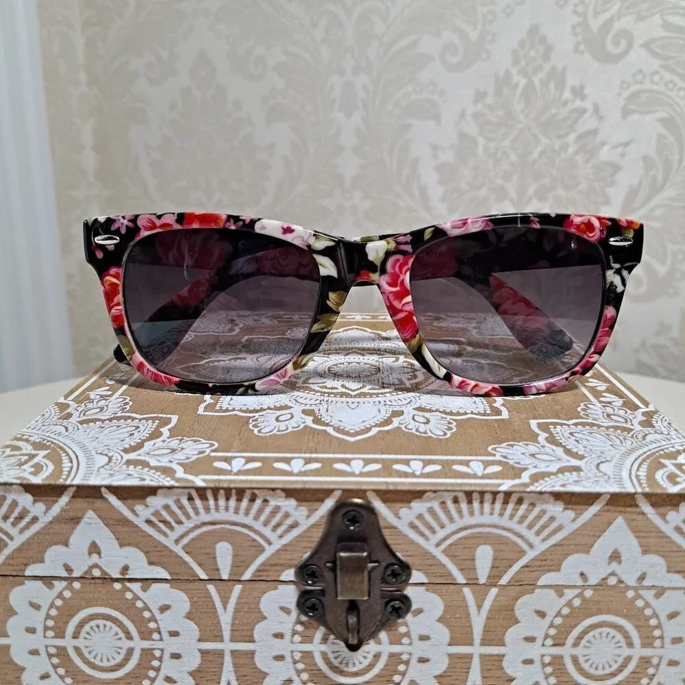 Floral Sunglasses Pink Roses on Black Background, Tinted Lenses